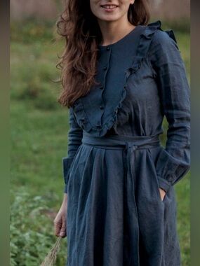 ISO IN SEARCH OF Women's Slate Blue Ruffled Button-Front Dress. Please don’t buy